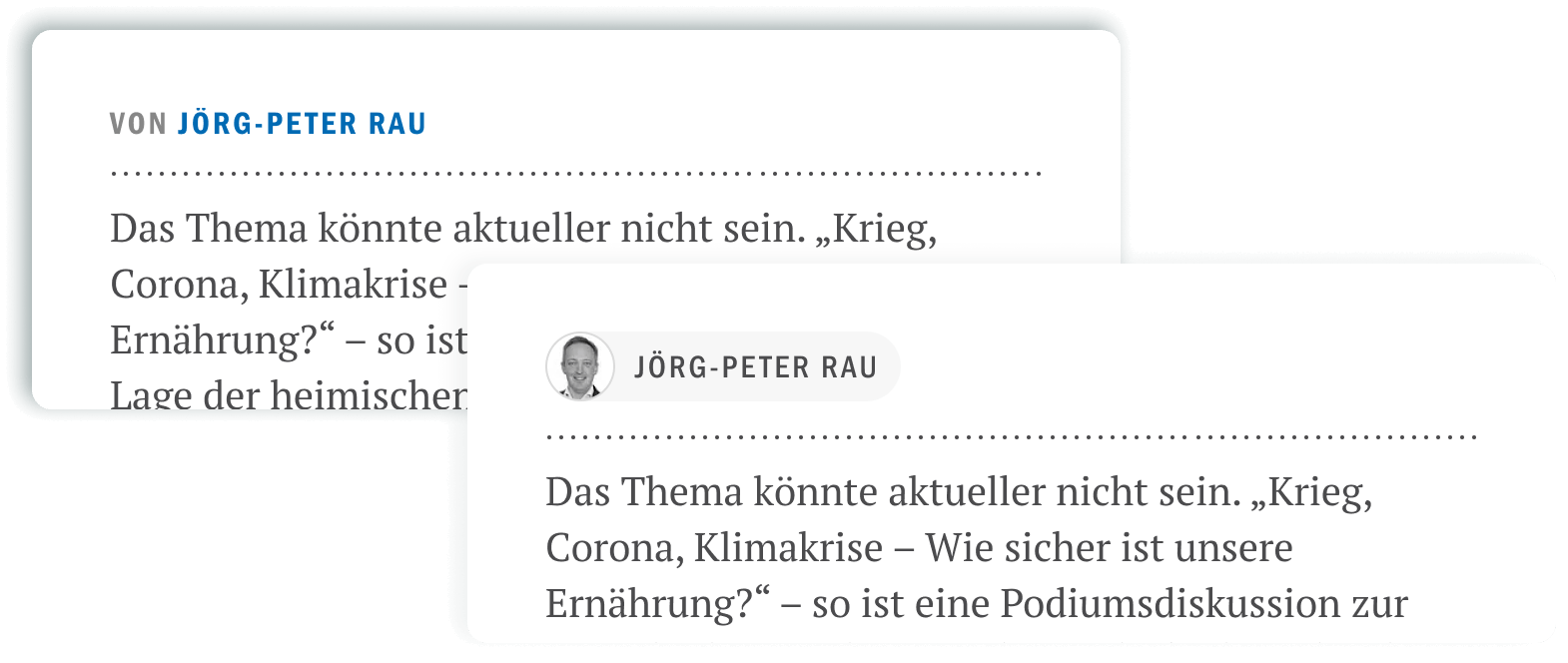 Before and after comparison of the new author tags design by Ramona Lehmann, UX/UI Designer for S&Uuml;DKURIER, highlighting improved readability and modern UI elements.